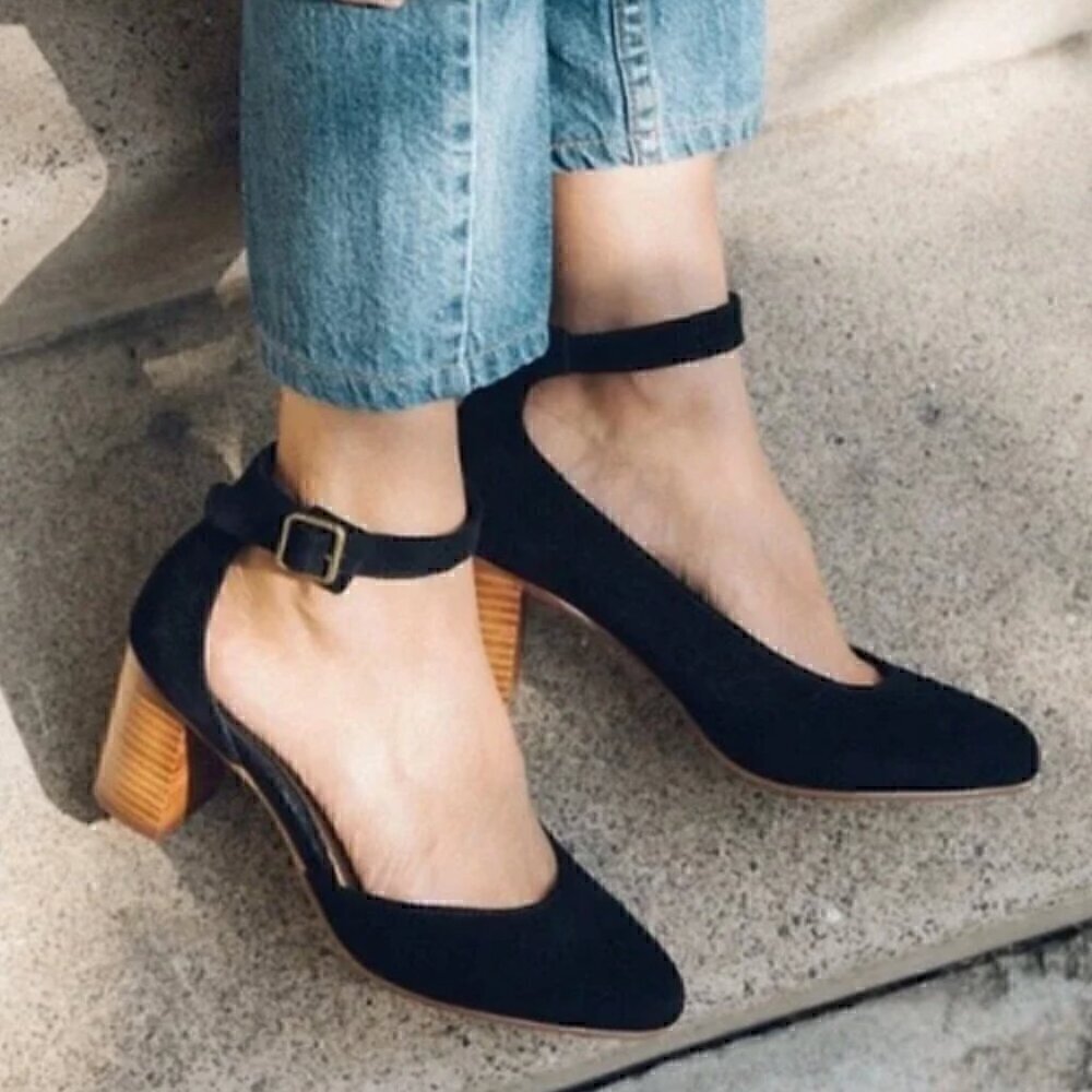 Soludos Black Suede Ankle-Strap Block Heel Pumps